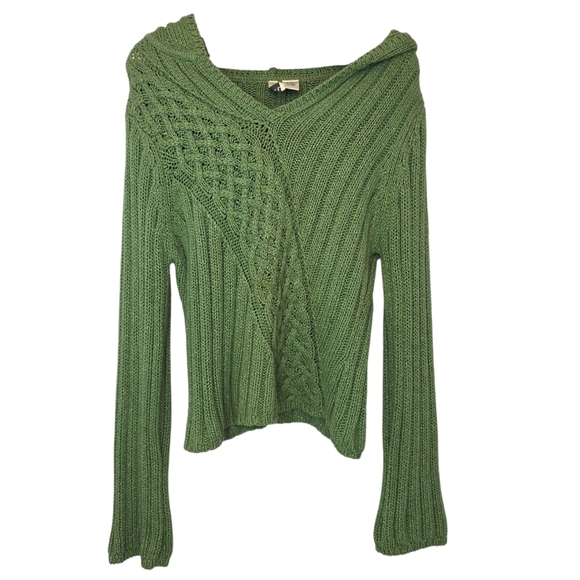 VTG TWIGGY Green Knit Hoodie Sweater Women XL Ribbed Y2K Cottagecore Brat Cotton - Picture 2 of 7